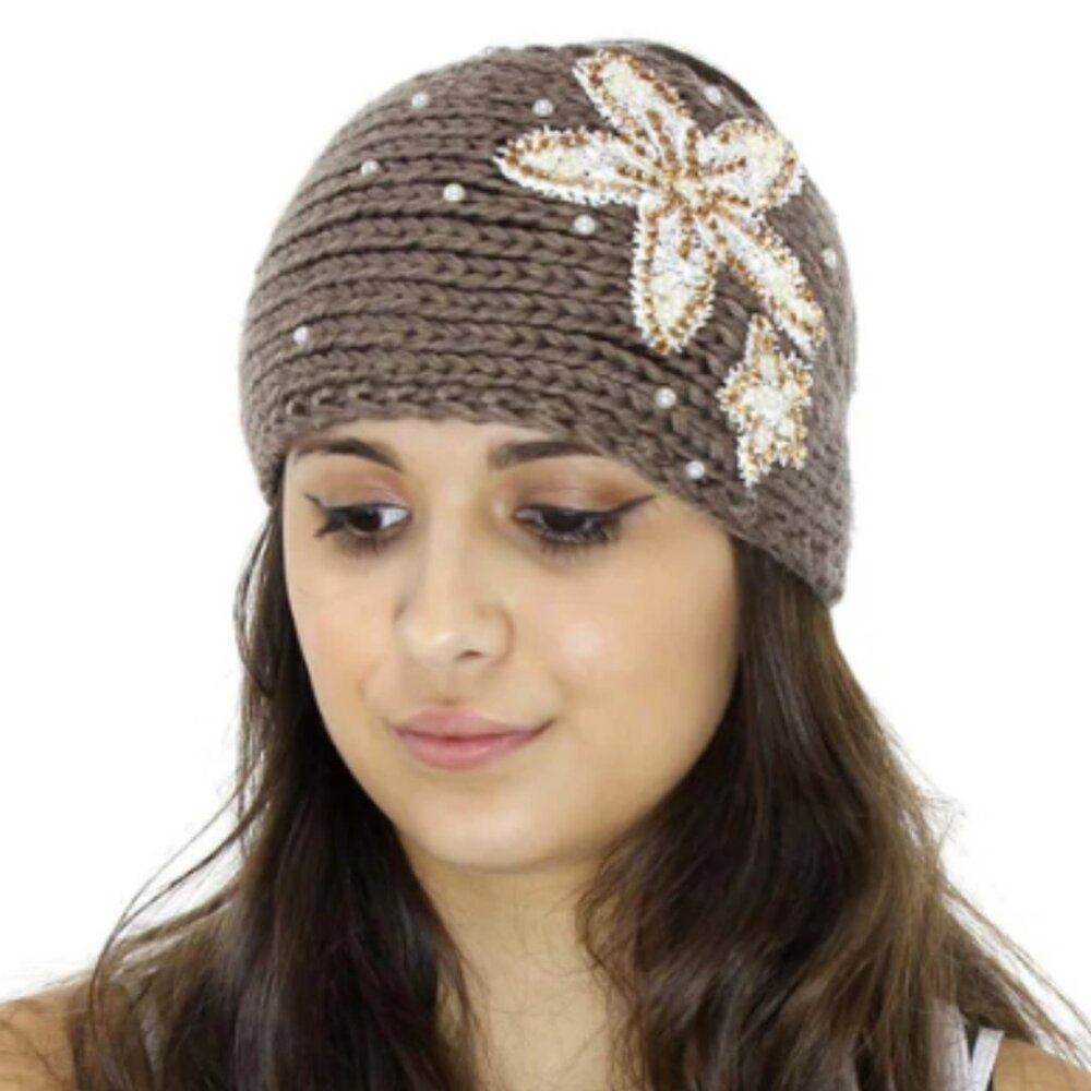 VERY MODA Khaki Knit Sequin Flower Embellished Headband One Size NWT